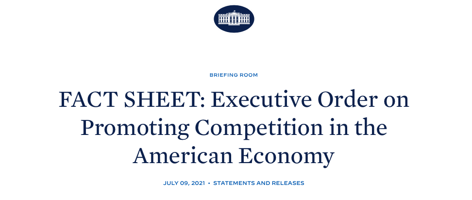 Document with the White House signet with text that reads "FACT SHEET: Executive Order on Promoting Competition in the American Economy"
