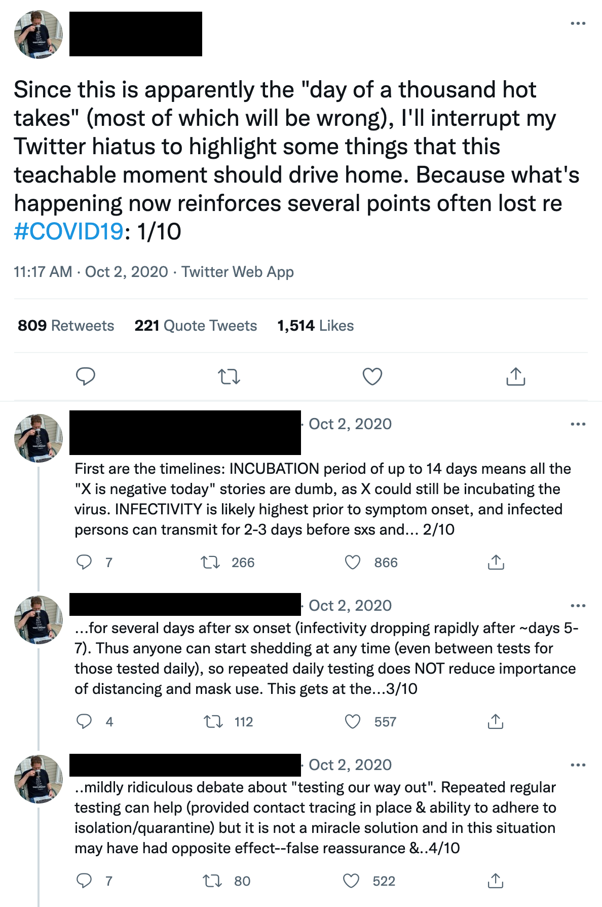 Screenshot of a Twitter thread highlighting several points on COVID-19