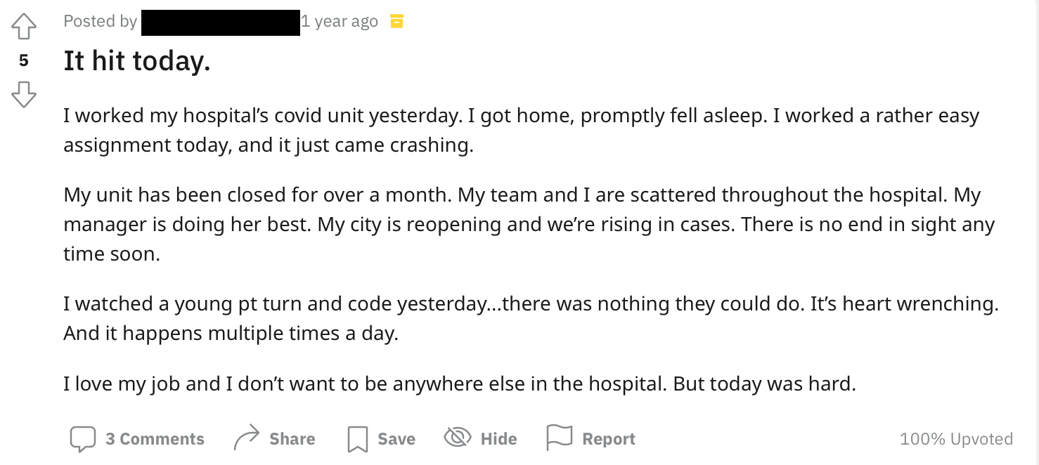 Screenshot of a Reddit post from an exhausted hospital worker during the pandemic