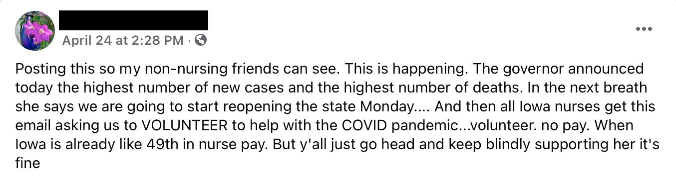 Screenshot of a Facebook post from a displeased nurse during the pandemic