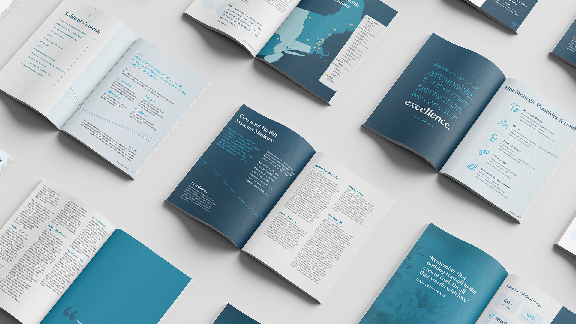 AR-interior-1 A grid of opened Covenant Health magazines