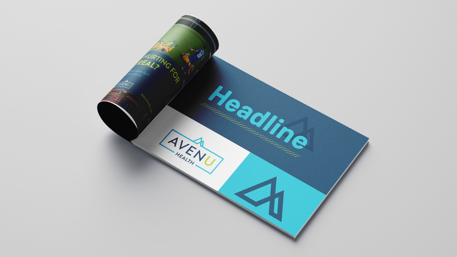 Avenu-Brand-Guide-2 A folded open Avenu Health "Style Guide" booklet with text reading "Headline"
