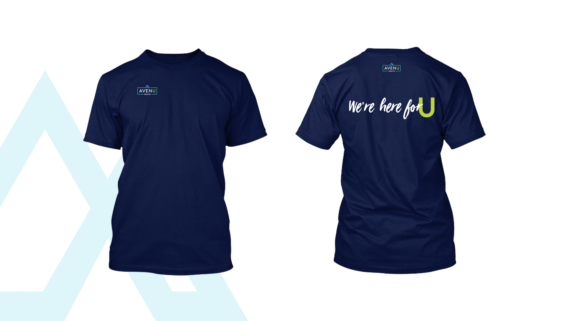 Avenu-shirts Two navy blue short sleeve shirts: the one on the left facing the front, showing the "Avenu" logo, and the one on the right facing the back, showing the words "we're here for U"