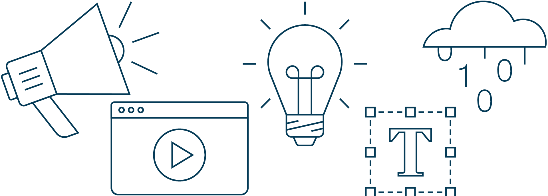 Collage of icons including a megaphone, lightbulb, text bubble, etc.