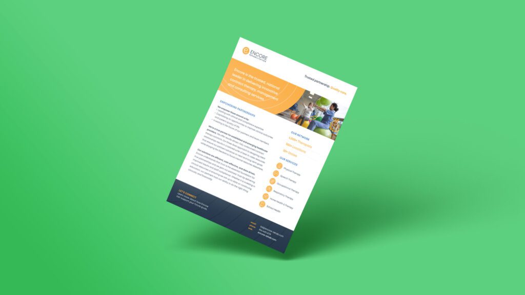 A floating one pager for "Encore Rehabilitation" on a green background