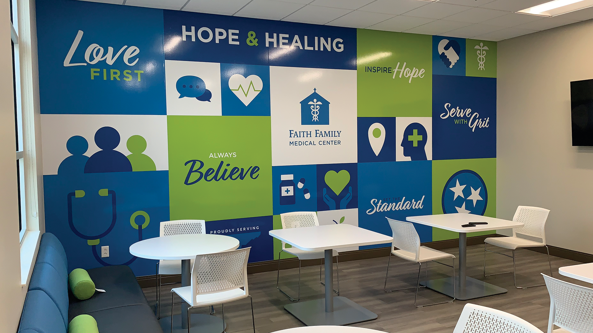Faith-Family-Images-Resized-3 An office wall mural representing Faith Family Medical Center's values in an office lounge room