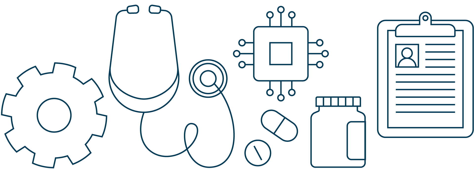 Collage of medical icons including prescription bottles, stethoscope, pills, etc.