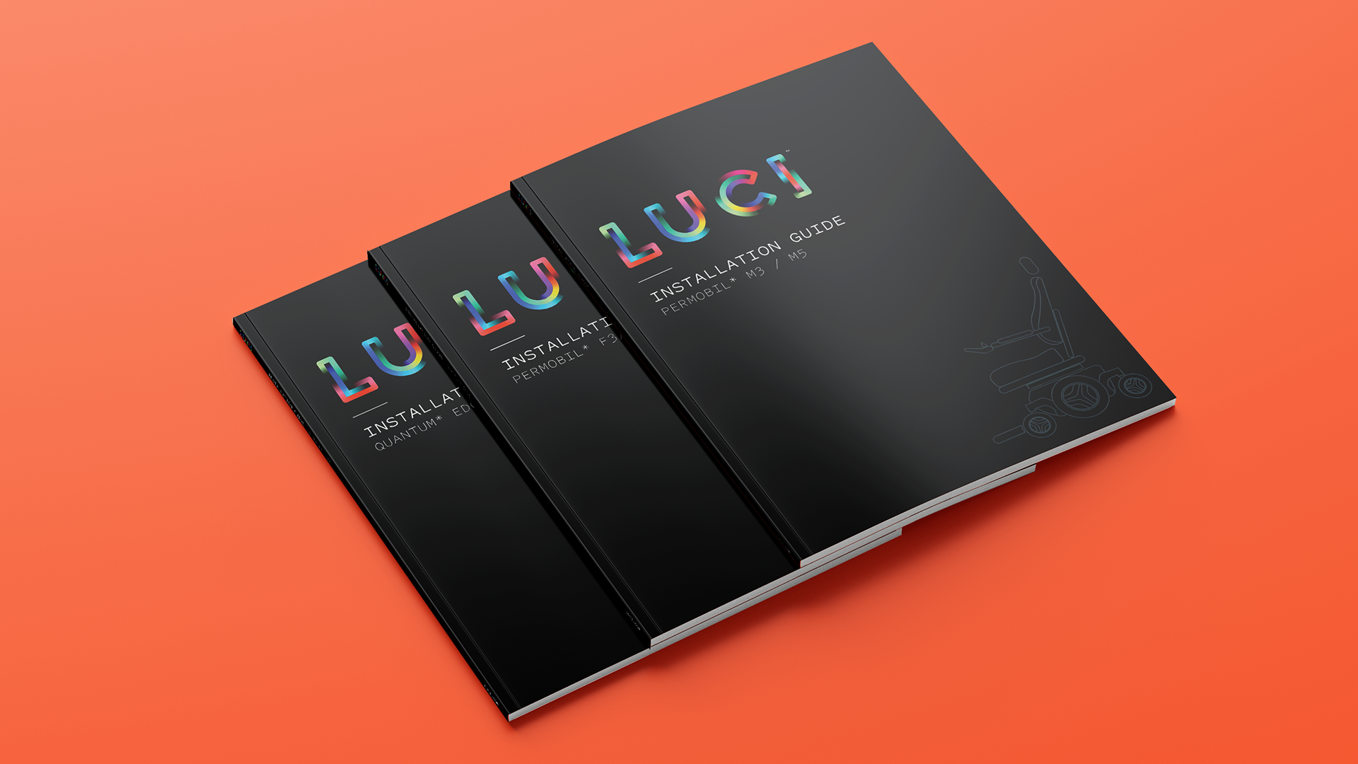 Installation-Guides-Mockup-Resized Three black LUCI installation guide booklets, slightly overlapping one another, floating on a red background
