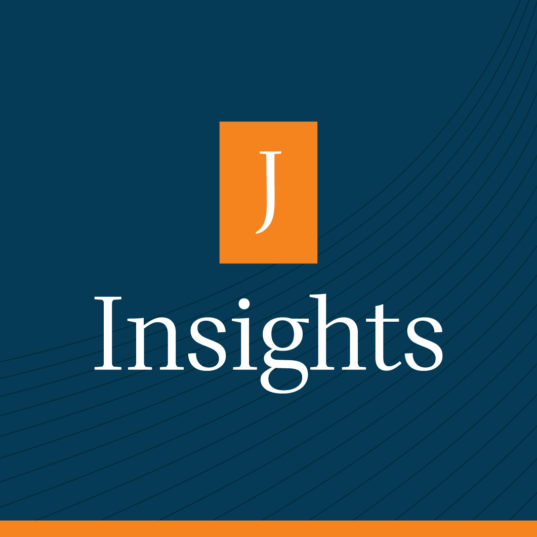 Orange rectangle with a white-lettered "J" centered in the middle, floating above larger text that reads "Insights" on a navy background