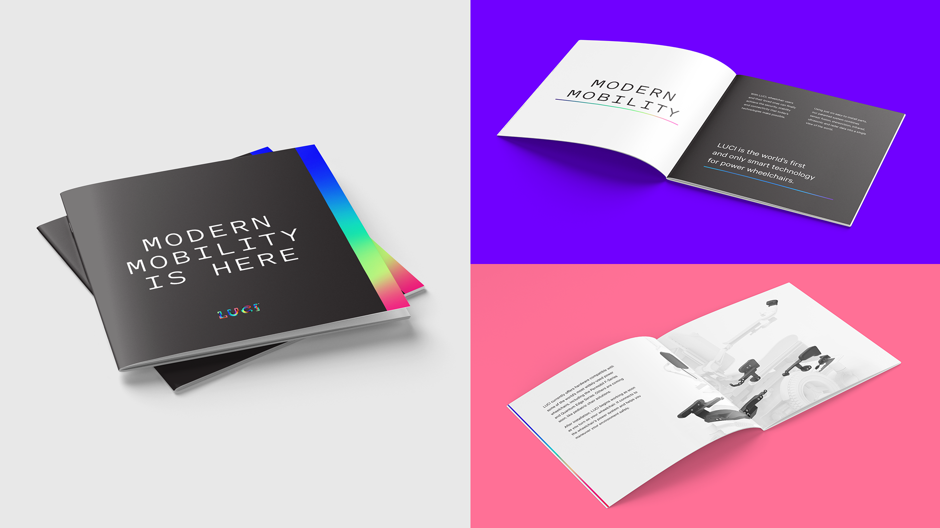 LUCI-Company-Brochure-Combined-Mockup A collage of the LUCI company brochure booklets: first image on the left features a stack of brochures with the cover page reading "Modern Mobility is Here" and the two images on the right both feature an open page of the brochure