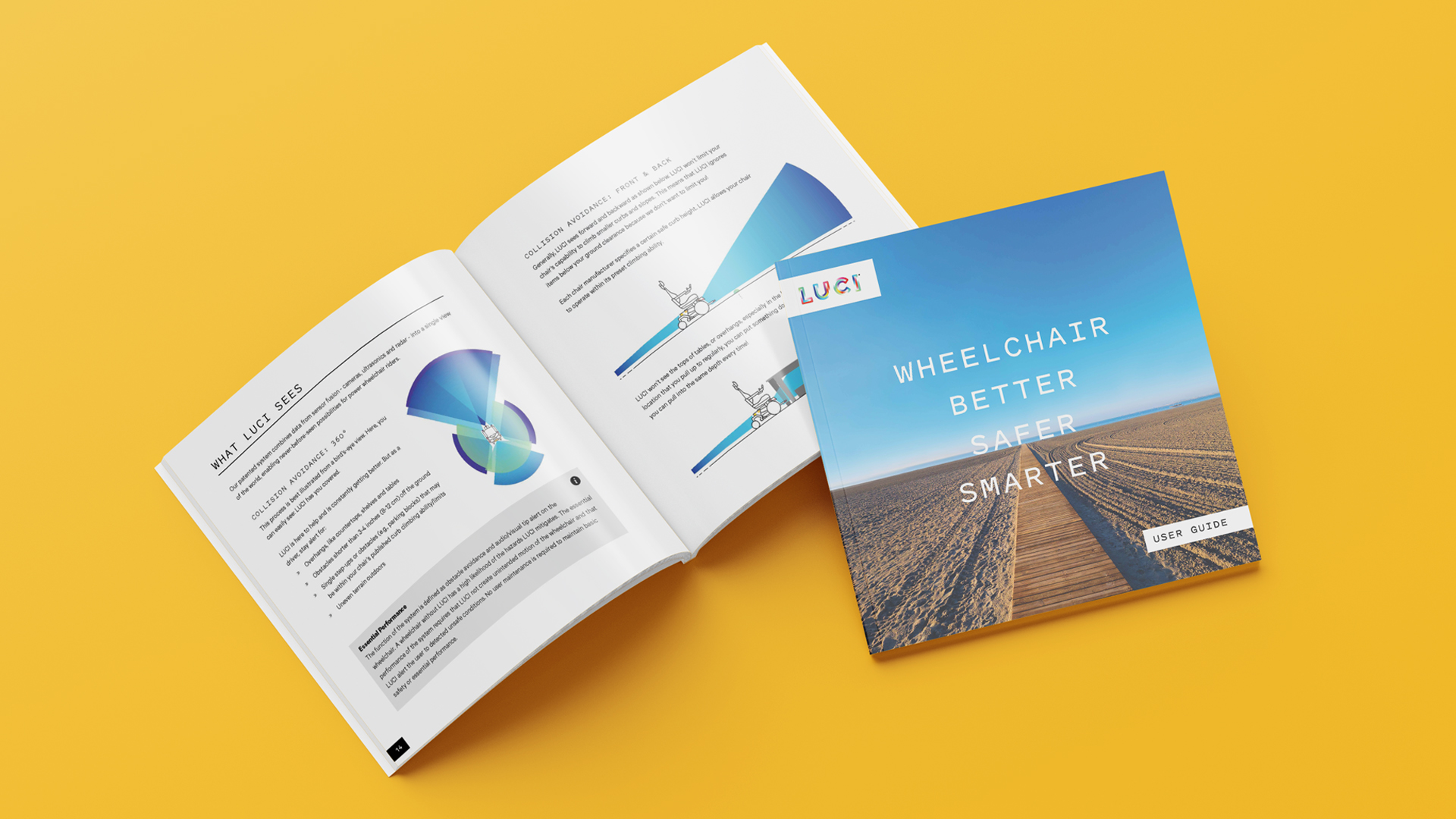 LUCI-User-Guide-Resized Two LUCI user guide booklets, one open and one closed, with the cover reading "Wheelchair Better Safer Smarter" floating on an orange background