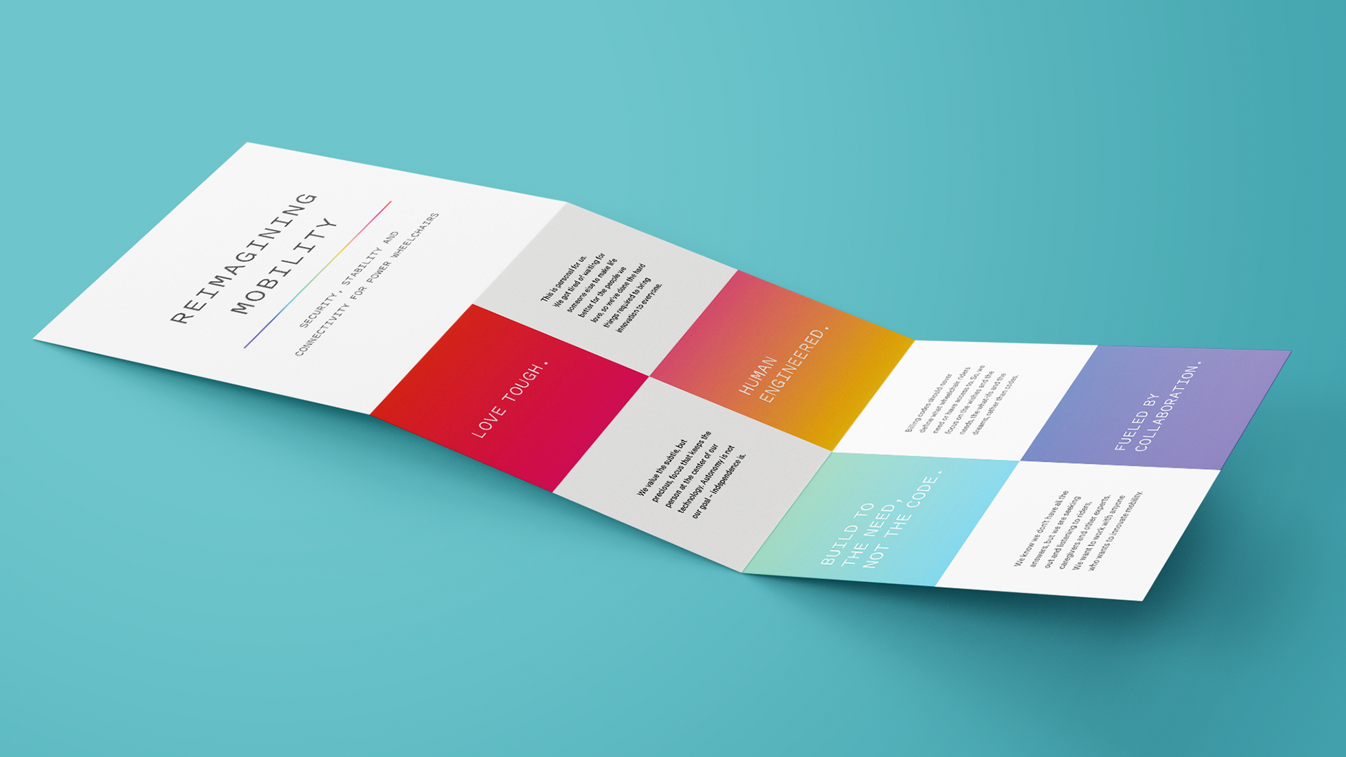 MVV-Brochure-Resized A mission, vision, and values brochure that's folded in thirds with text that reads "Reimagining Mobility."