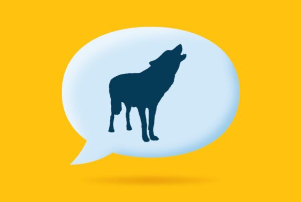 Howling wolf in a text bubble on a yellow background