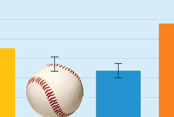 Bar graph with with yellow, blue, and orange bars and one baseball representing a bar.