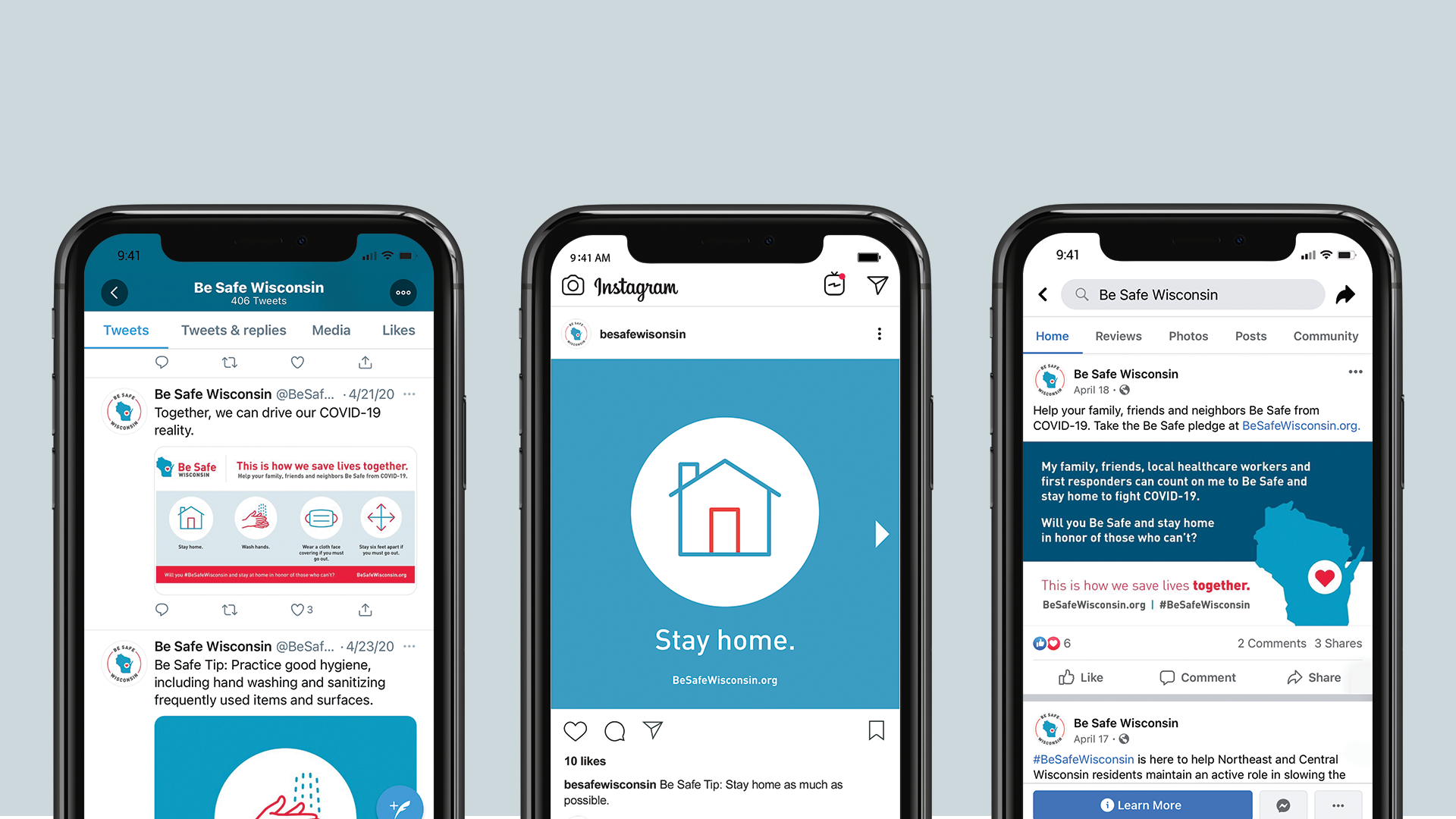 Social-media-NO-SHADOW Three iPhones in a row: first screen displaying the Be Safe Wisconsin Twitter feed, the second screen displaying a Be Safe Wisconsin Instagram post, and the third screen displaying a Be Safe Wisconsin Facebook post