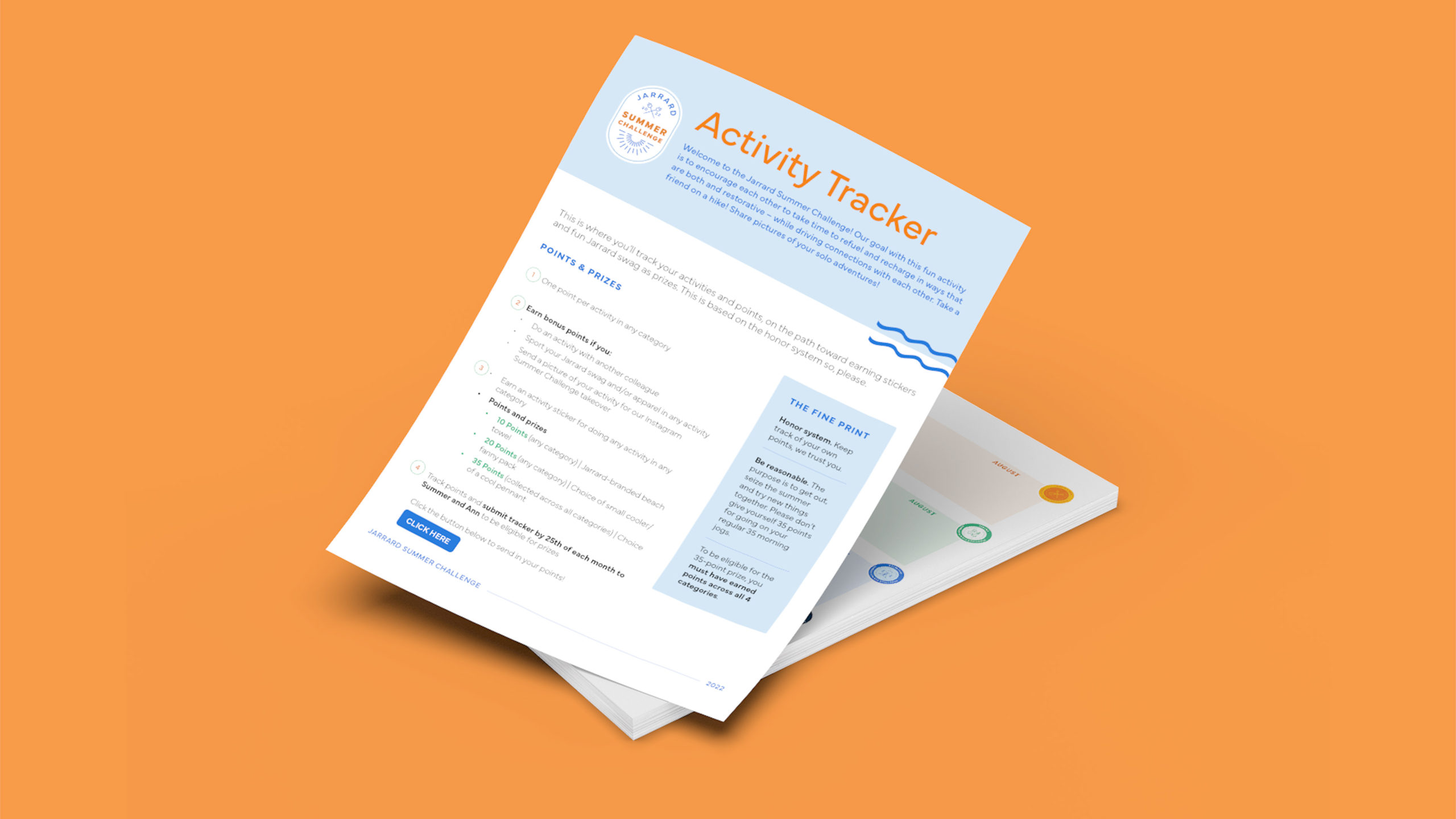 Summer-Challenge-Activity-Tracker-scaled A stack of one pagers with the top page slanting up and reading "Activity Tracker" on an orange background