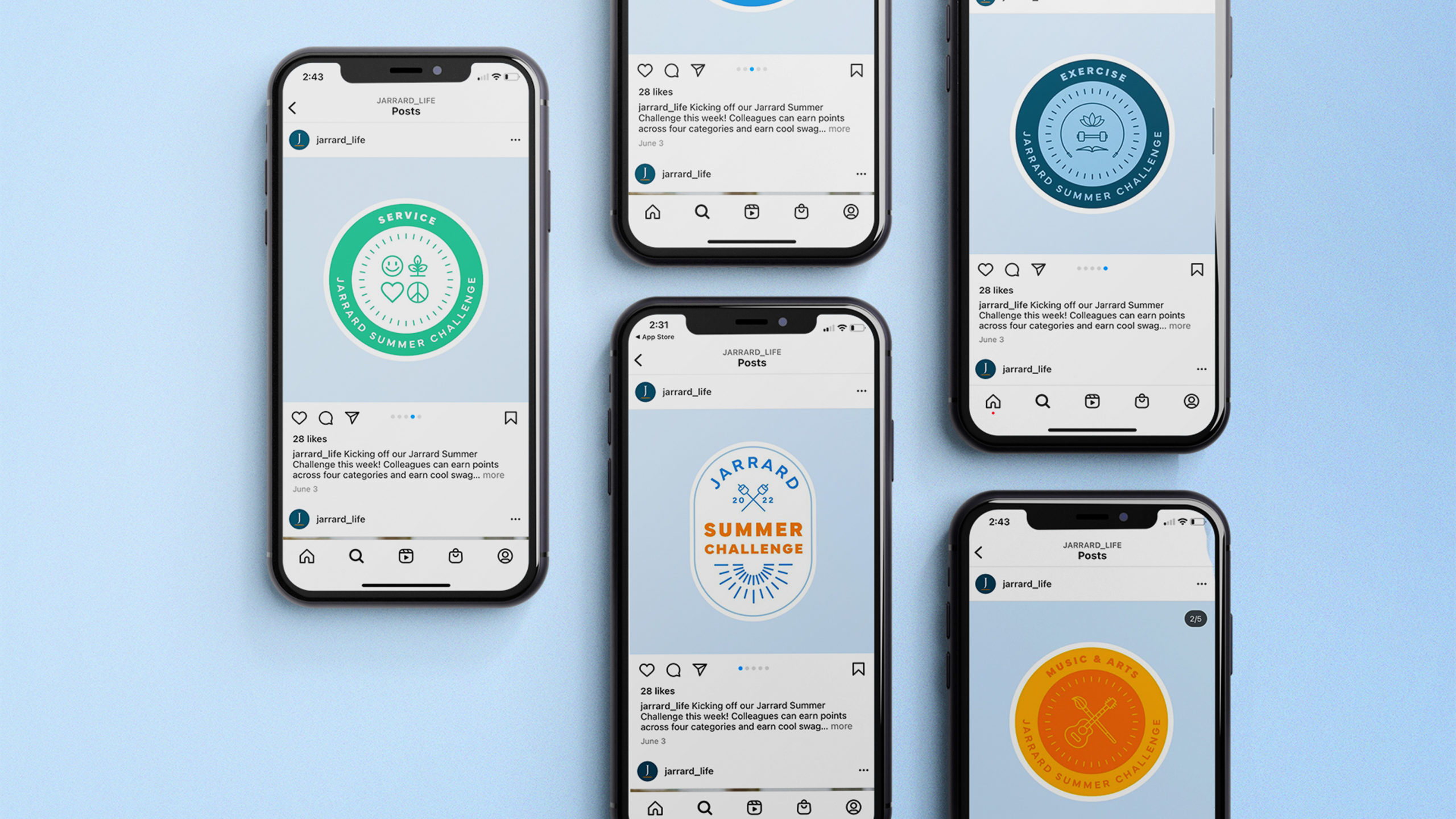 Summer-Challenge-Instagram-scaled An assortment of smartphones laid out on a blue background, featuring different Instagram posts from Jarrard_life