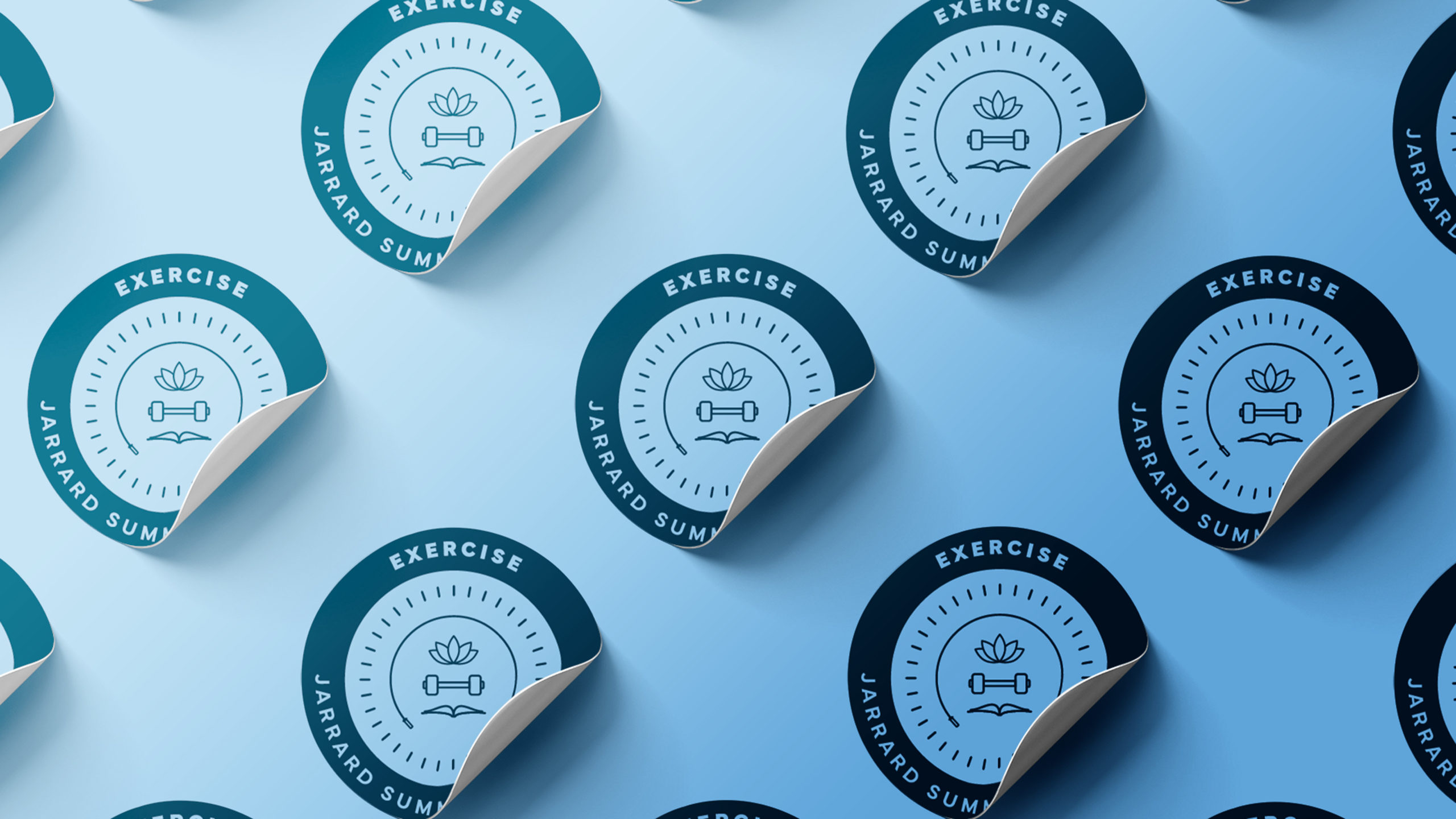 Summer-Challenge-Sticker-Exercise-scaled An assortment of blue stickers with wellness icons laid out on a blue background