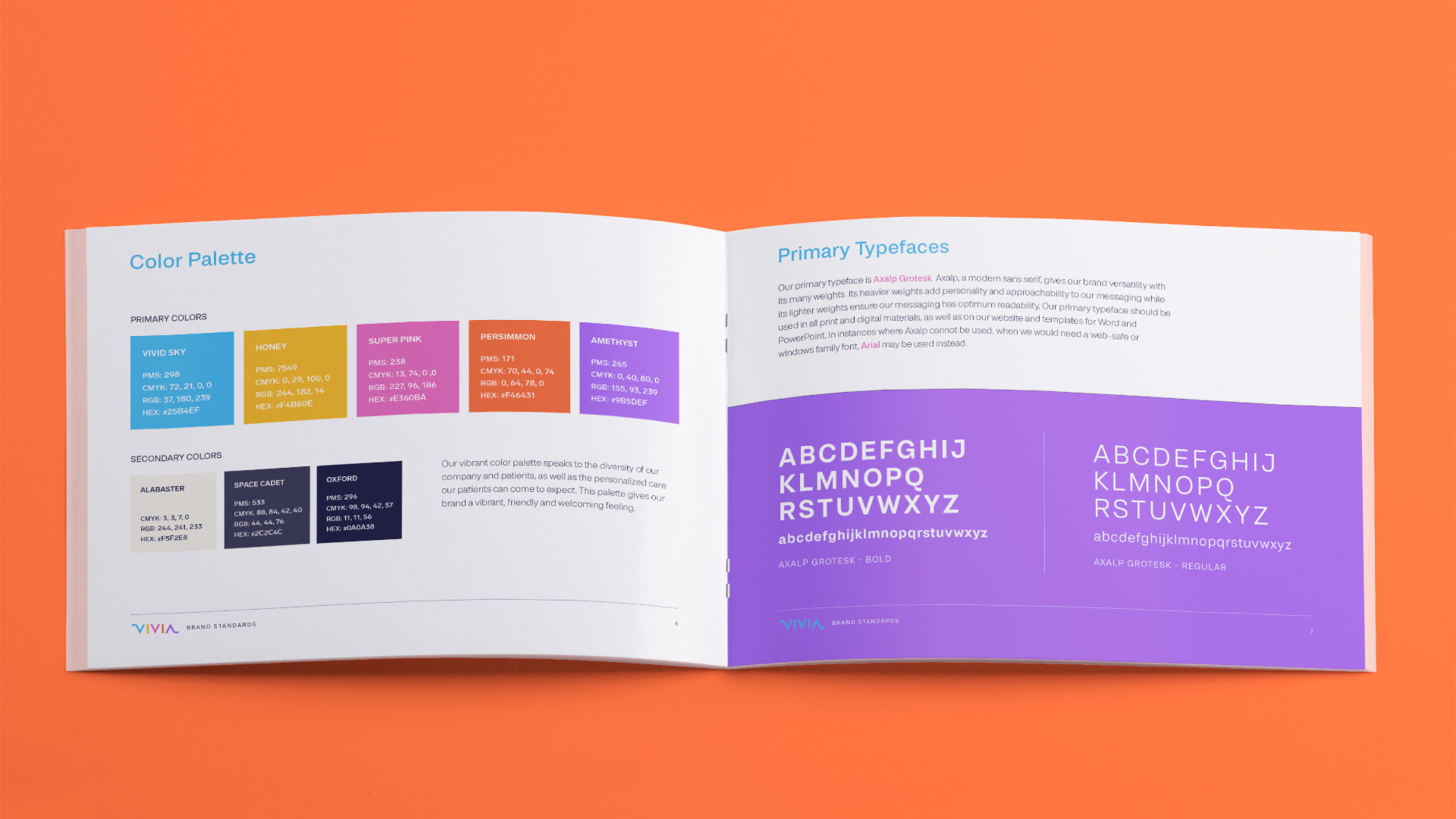 Vivia-Brand-Guide-scaled An opened brand guide booklet, featuring two pages that are dedicated to "primary typefaces" and "color palette," on an orange background.