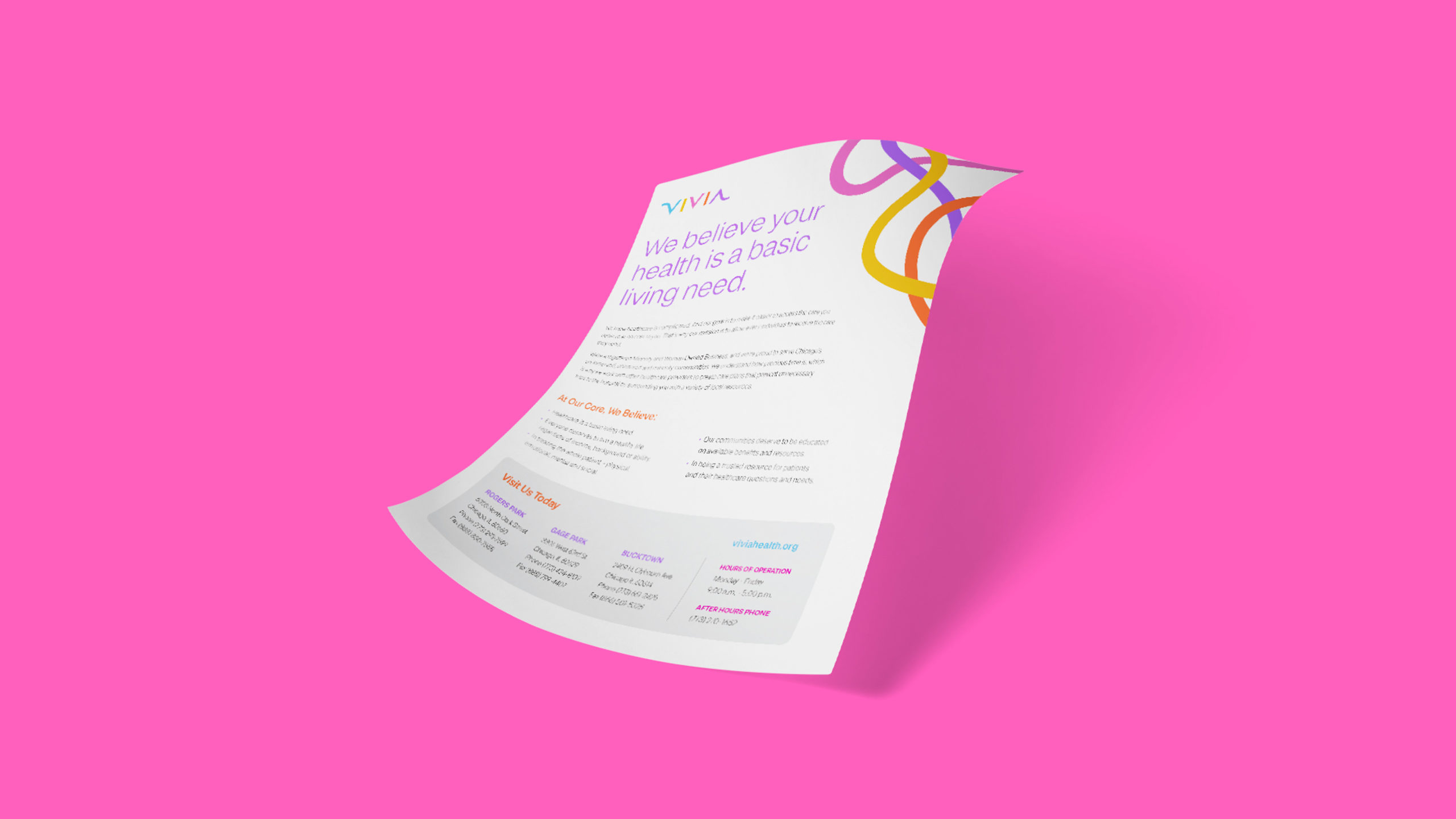 Vivia-One-Pager-scaled Floating one pager with title that reads "We believe your health is a basic living need" floating on a pink background