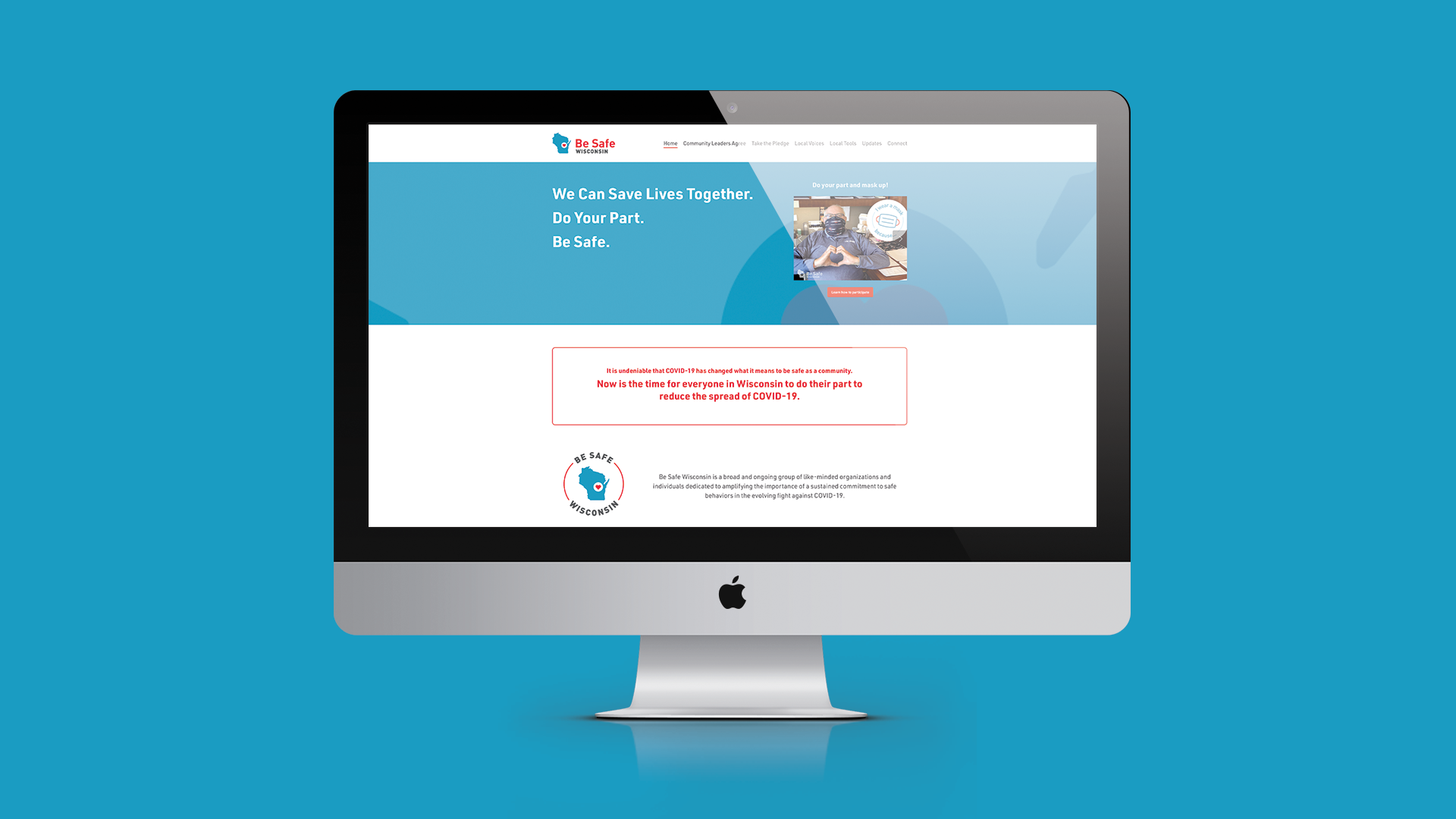 Website-Mockup An Apple desktop computer with the screen displaying a webpage from Be Safe Wisconsin