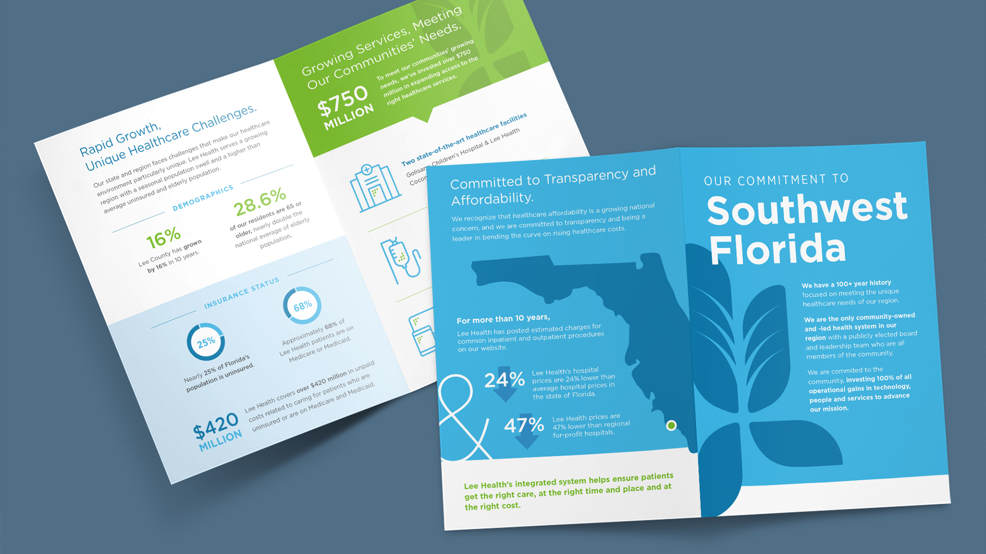 infographic-brochure Two opened infographic brochures with one showing the inside content while the other is showing the cover pages