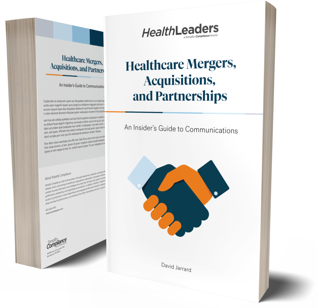 Two books standing up, one facing the cover and the other facing the back, with the title "Healthcare Mergers, Acquisitions, and Partnerships"