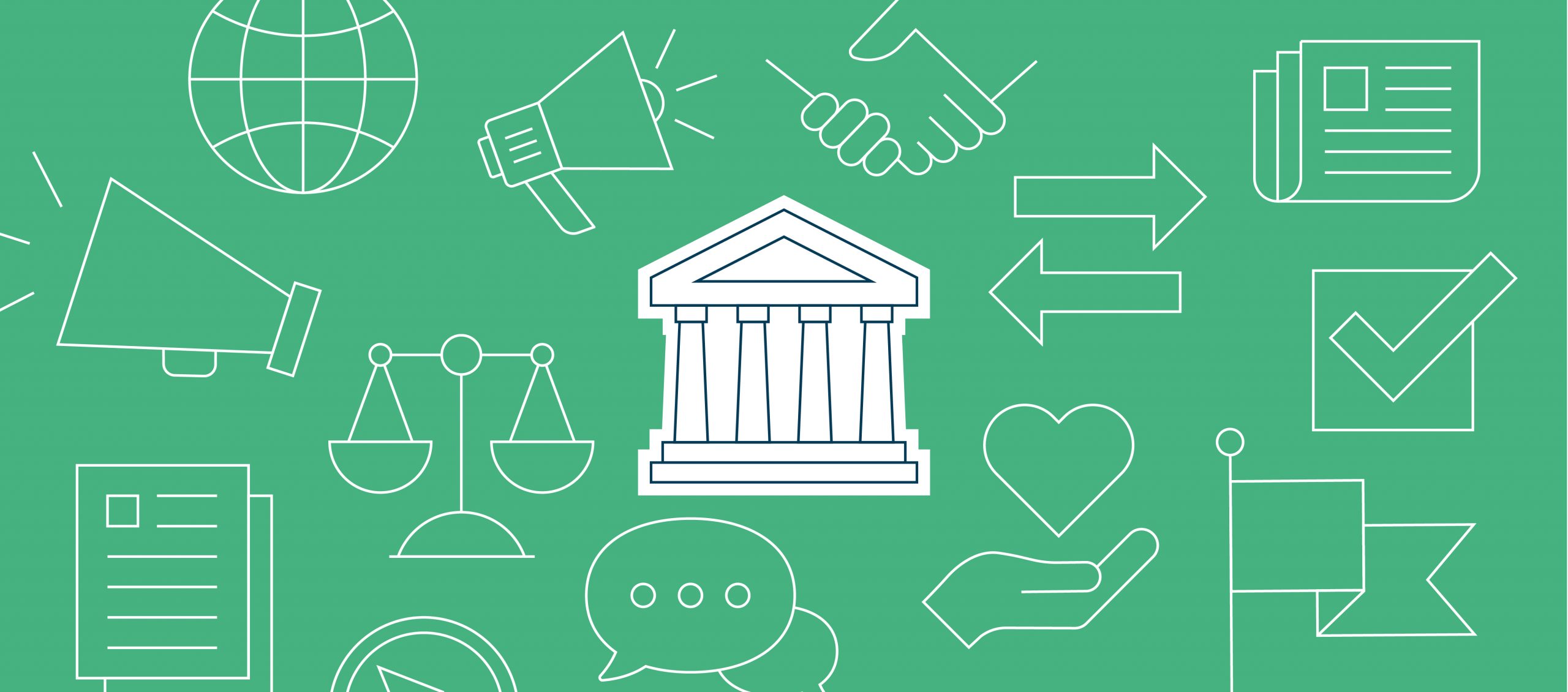 Green blog banner with policy and advocacy-related icons, with a federal building emphasized in the middle